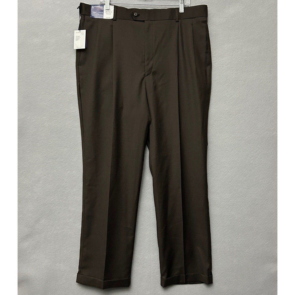 Stafford Mens 40x32 Dress Pants Brown Pleated Performance Wool Blend Cuffed